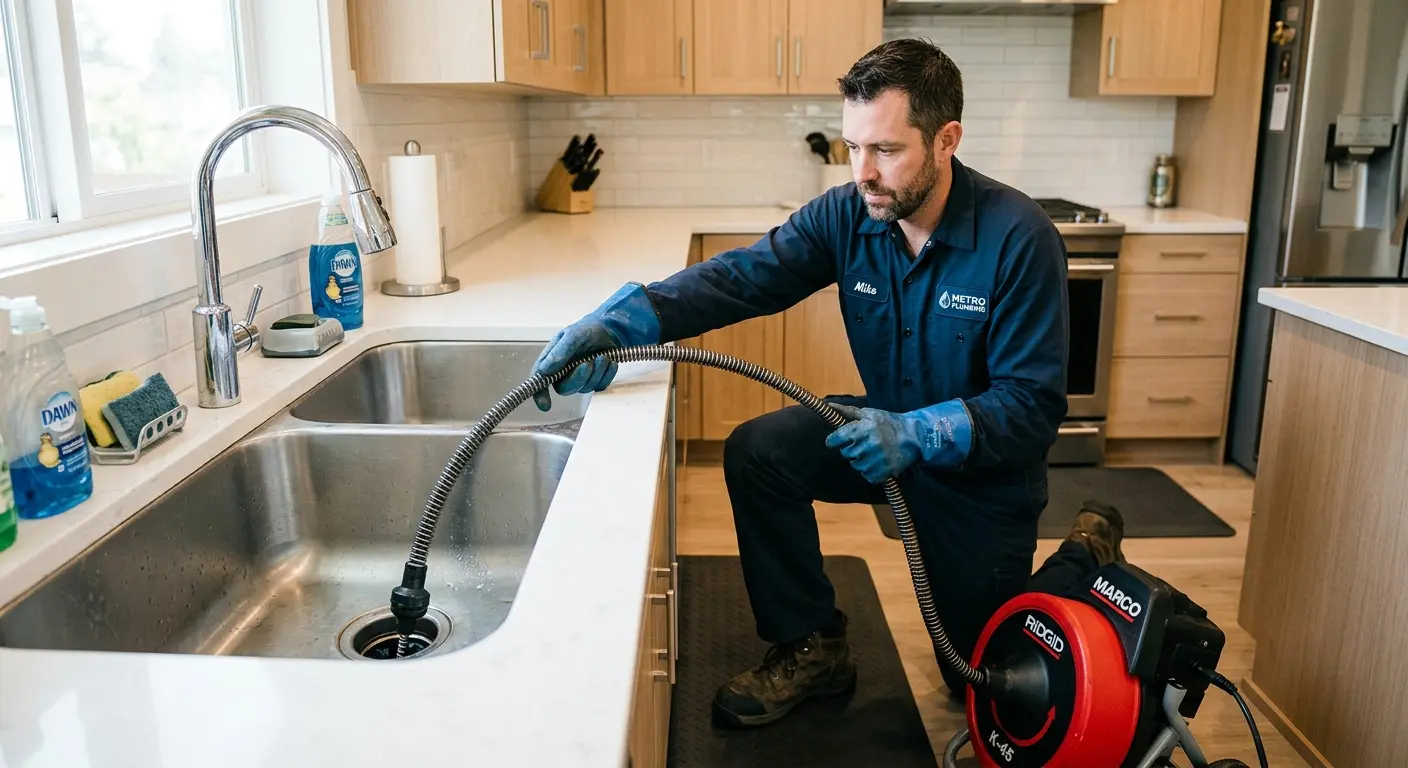 Drain cleaning technician using a motorized snake on a kitchen sink in Cumming