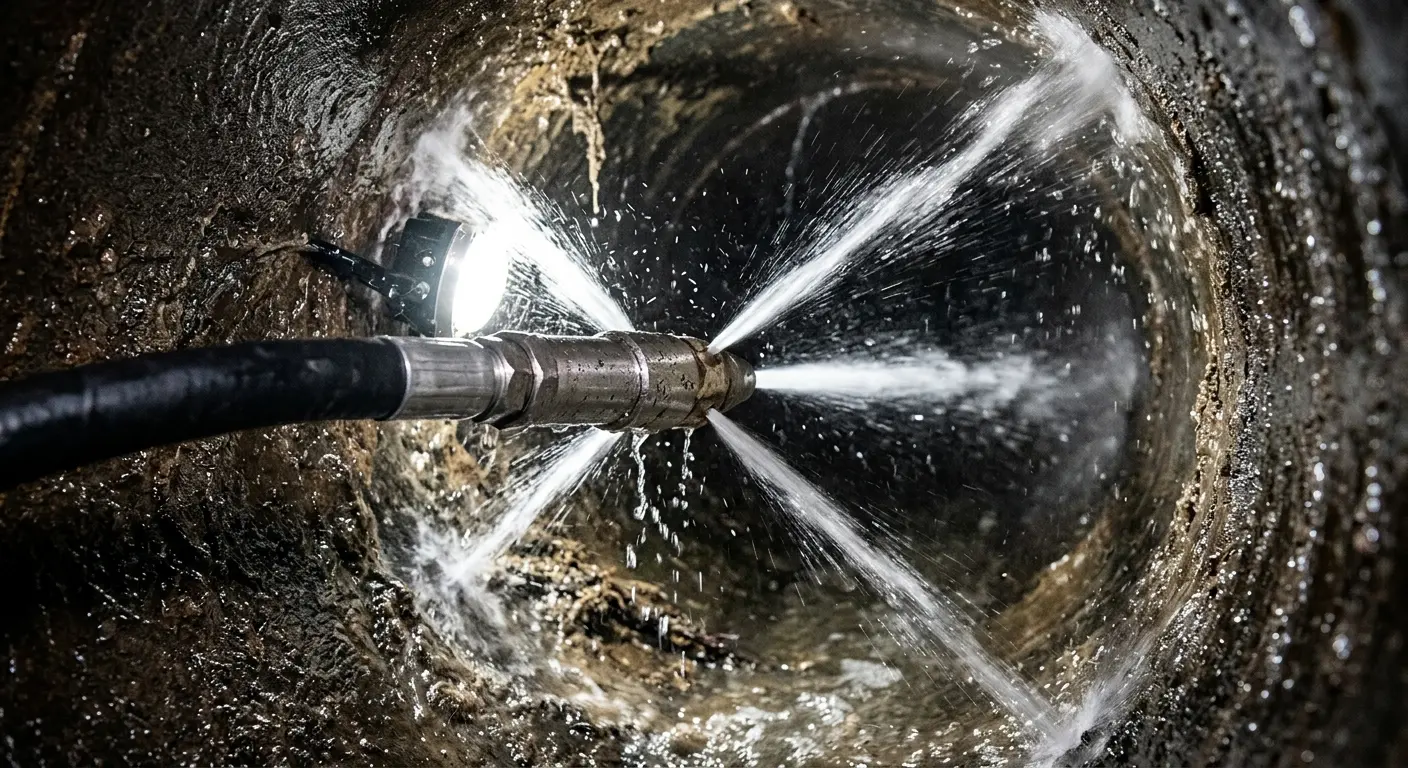 High-pressure hydro jetting nozzle cleaning sewer pipe for Emergency Drain Service in Cumming