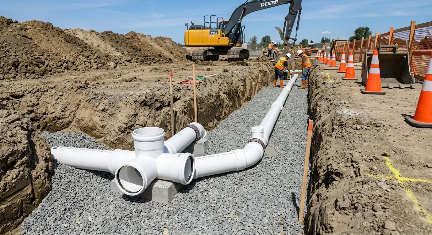 New PVC sewer pipe installation in open trench for Sewer Backup in Cumming