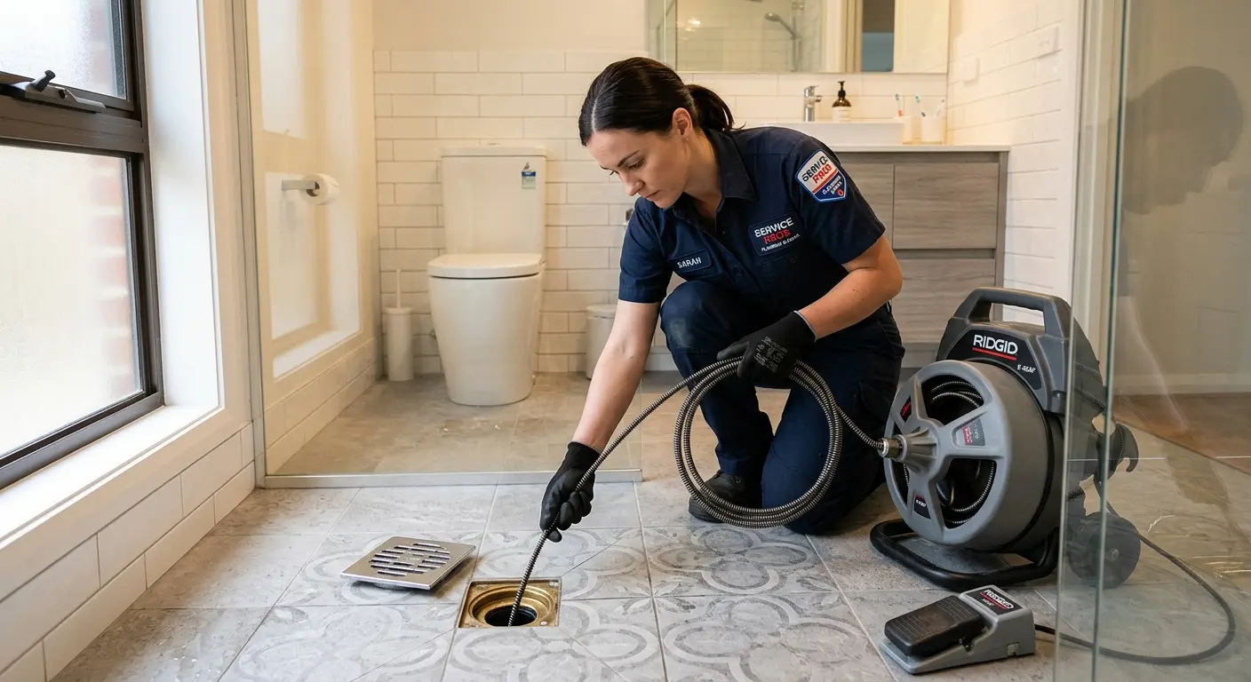 Technician clearing a bathroom floor drain for Drain Cleaning in Cumming